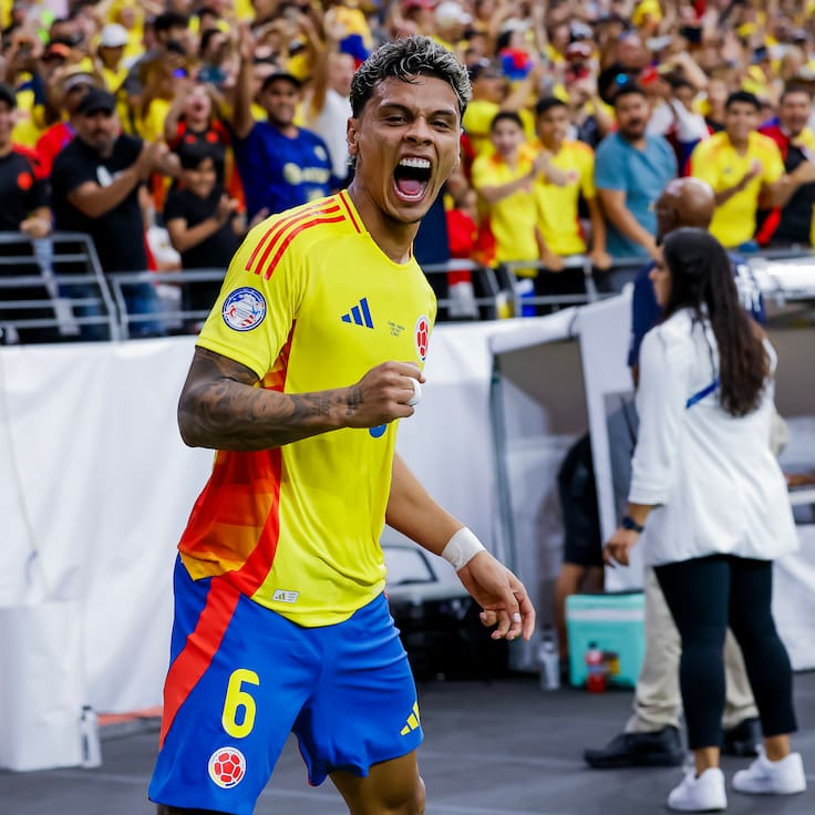 Glendale (United States), 06/07/2024.- Richard Rios of Colombia celebrates after scoring the 4-0 goal against Panama during the second half of the CONMEBOL Copa America 2024 Quarter-finals match between Colombia and Panama, in Glendale, Arizona, USA, 06 July 2024. EFE/EPA/JOHN G. MABANGLO
