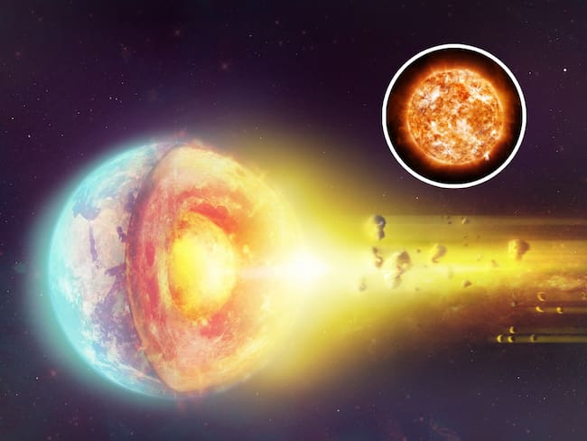 Ilustración del núcleo de la Tierra y de fondo el Sol (Fotos vía Getty Images)