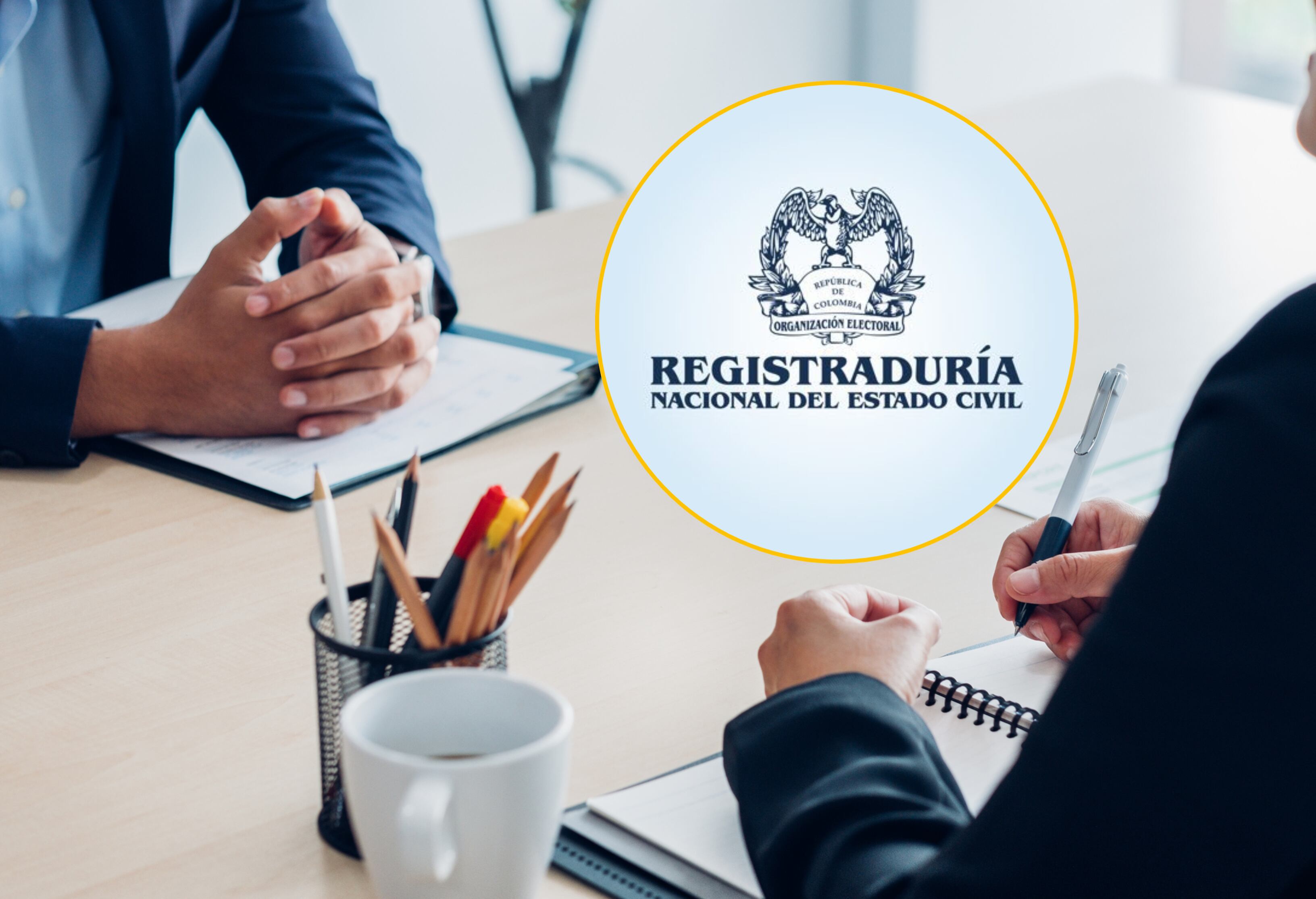 Imagen de referencia y logo de la Registraduría. Foto: Getty Images / Registraduría