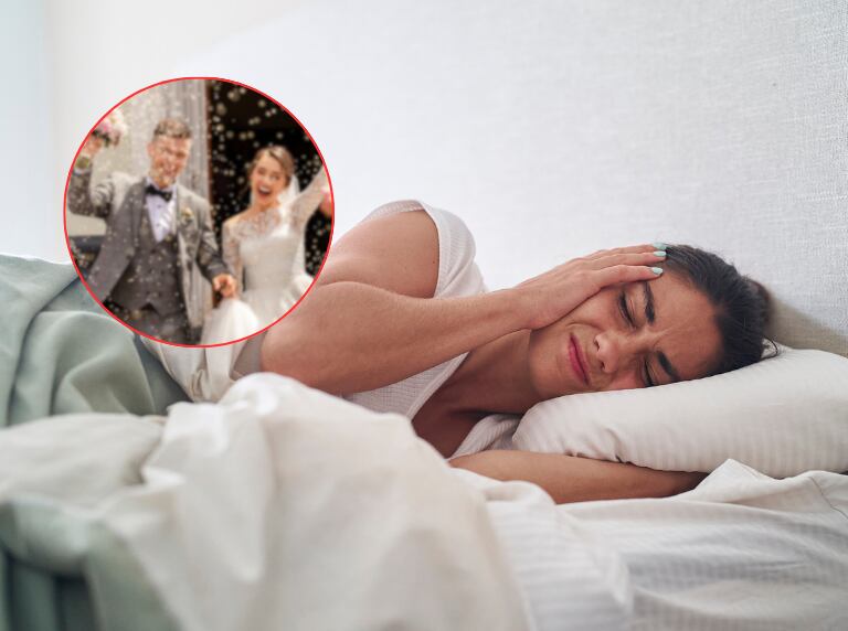 Mujer teniendo un mal sueño / Pareja casándose a fuera de la iglesia (Getty Images)