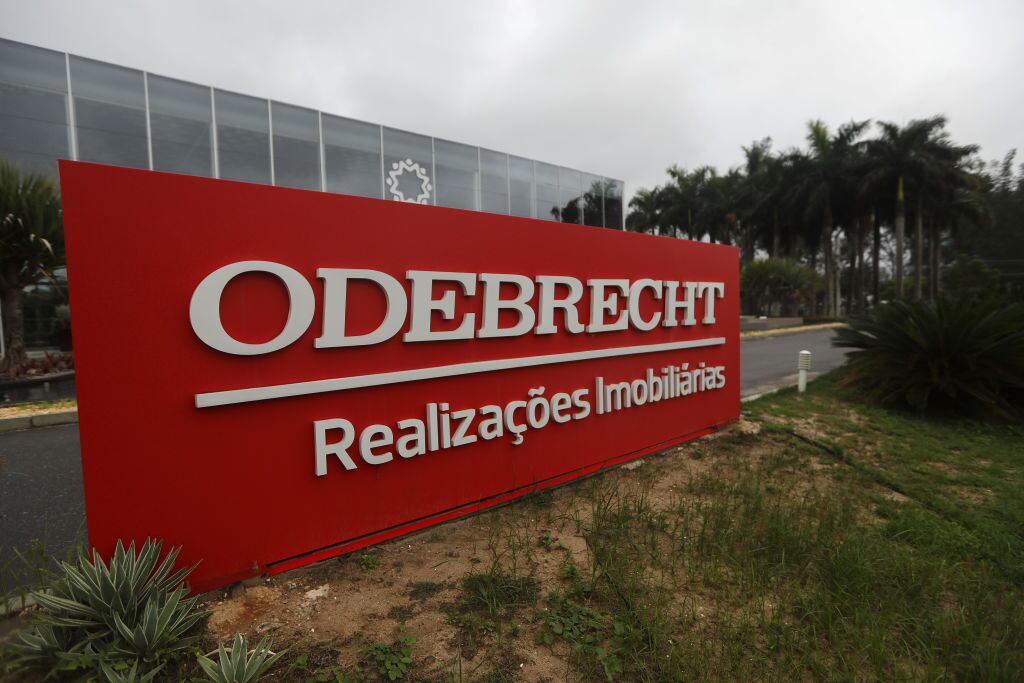 RIO DE JANEIRO, BRAZIL - APRIL 12:  An Odebrecht sign is displayed on April 12, 2017 in Rio de Janeiro, Brazil. A plea bargain by Odebrecht employees in the Lava Jato (Car Wash) corruption scandal has led to testimony ensnaring nine ministers in President Michel TemerÕs cabinet under investigation as the political crisis in the country deepens.  (Photo by Mario Tama/Getty Images)