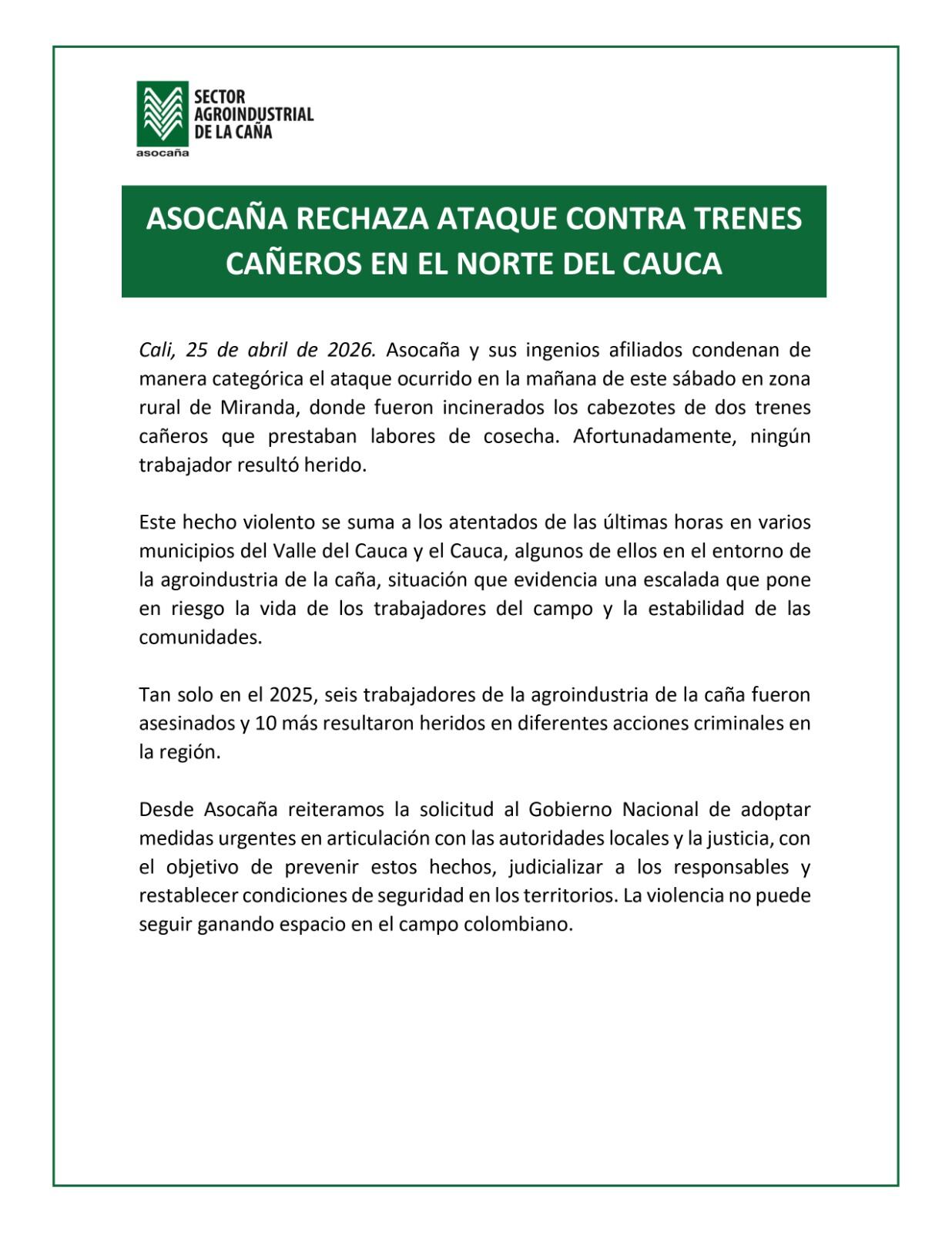 Comunicado Asocaña.