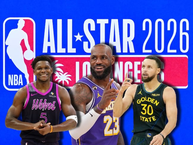 Logo del All Star de la NBA 2026. Al frente, los jugadores Anthony Edwards (izquierda), LeBron James (centro) y Stephen Curry (derecha). Fotos: Getty Images.