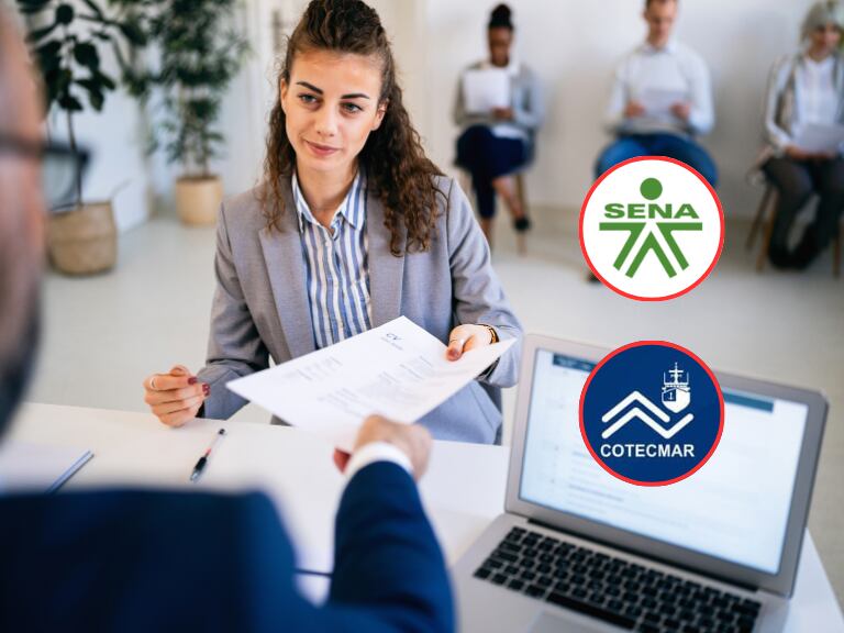 Persona solicitando empleo y al lado el logo del SENA y de COTECMAR (Fotos vía Getty Images y redes sociales de las entidades)