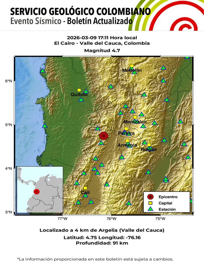 Así se ve el reporte del sismo del 9 de marzo de 2026 en el Valle del Cauca (Crédito: Servicio Geológico Colombiano)