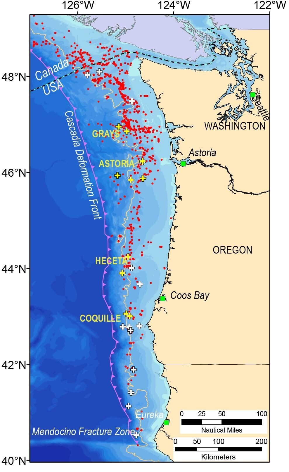 La zona de subducción de Cascadia se extiende desde el norte de California hasta el sur de la Columbia Británica, desde aguas profundas hasta el este de Washington y Oregón, Estados Unidos