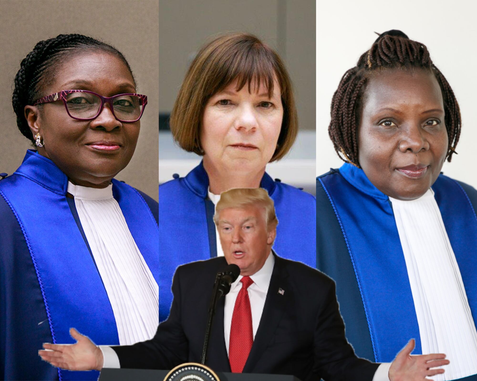 Las magistradas Kimberly Prost (Canadá), Solomy Bossa (Uganda) y Reine Alapini-Gansou (Benín) advierten que las sanciones en su contra vulneran la Constitución estadounidense, exceden la autoridad presidencial y son un ataque a la independencia judicial.
(Foto:   Caracol Radio / Getty / CIJ )