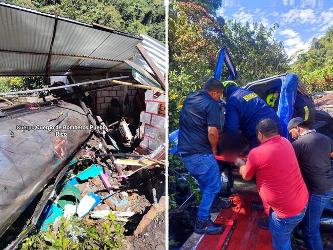 Camión cisterna choca contra vivienda en Pueblo Rico, Risaralda (foto: Cuerpo de Bomberos de Pueblo Rico)