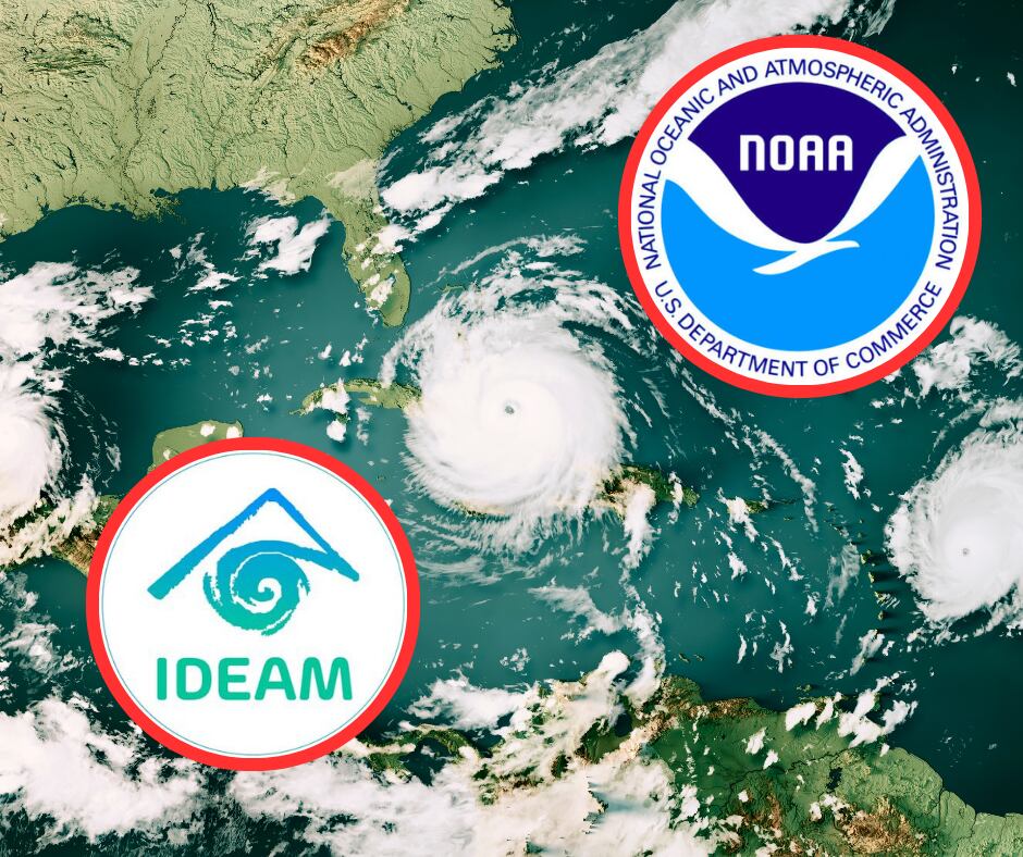 Imagen de huracán pasando por el Caribe y logos del IDEAM y NOAA (Getty Images)
