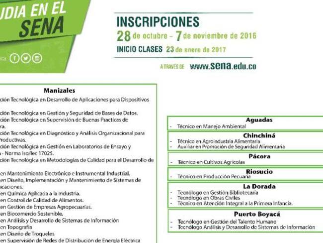 Más de 1.000 cupos tiene disponible el Sena de Caldas para el primer trimestre de 2017