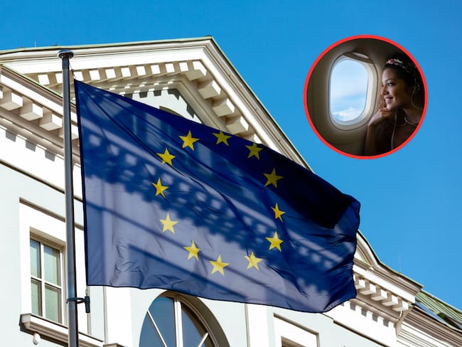 Bandera de la Unión Europea y de fondo una mujer viendo por la ventana de un avión (Fotos vía Getty Images)