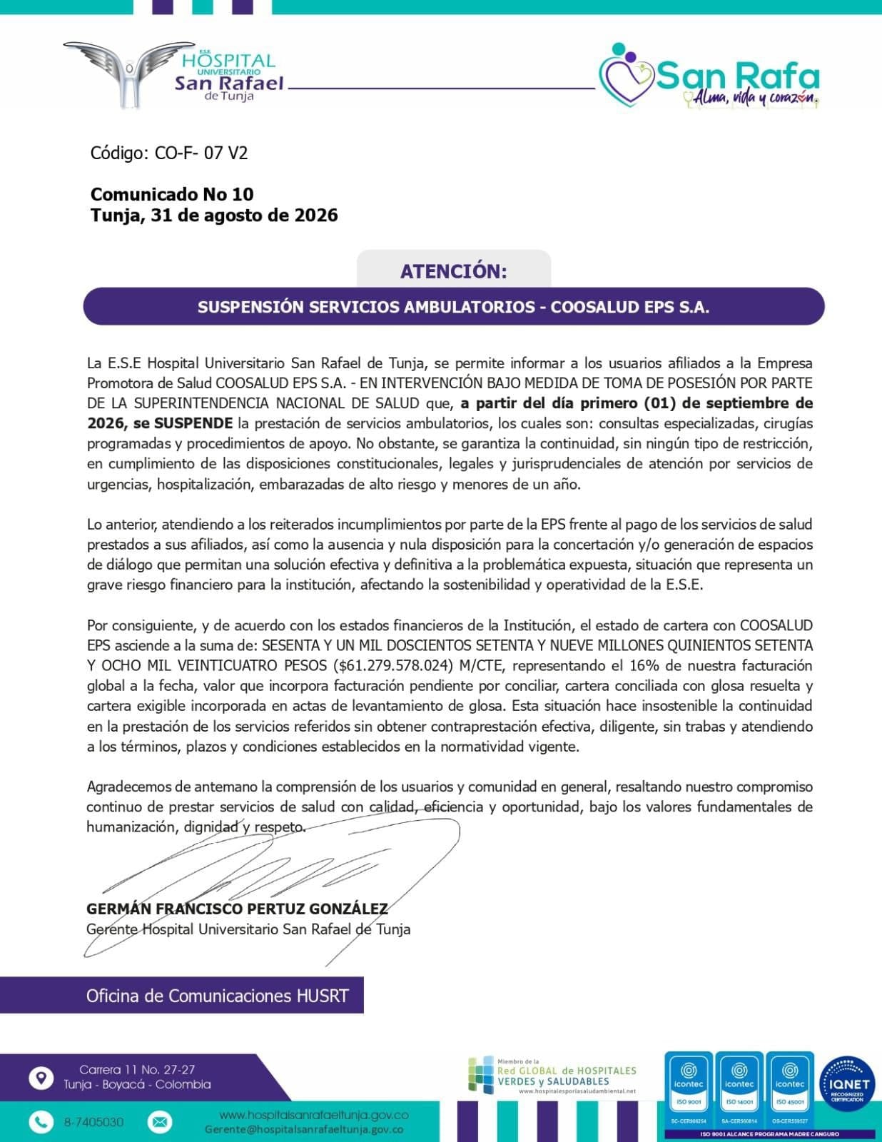 Comunicado Hospital Universitario San Rafael de Tunja.