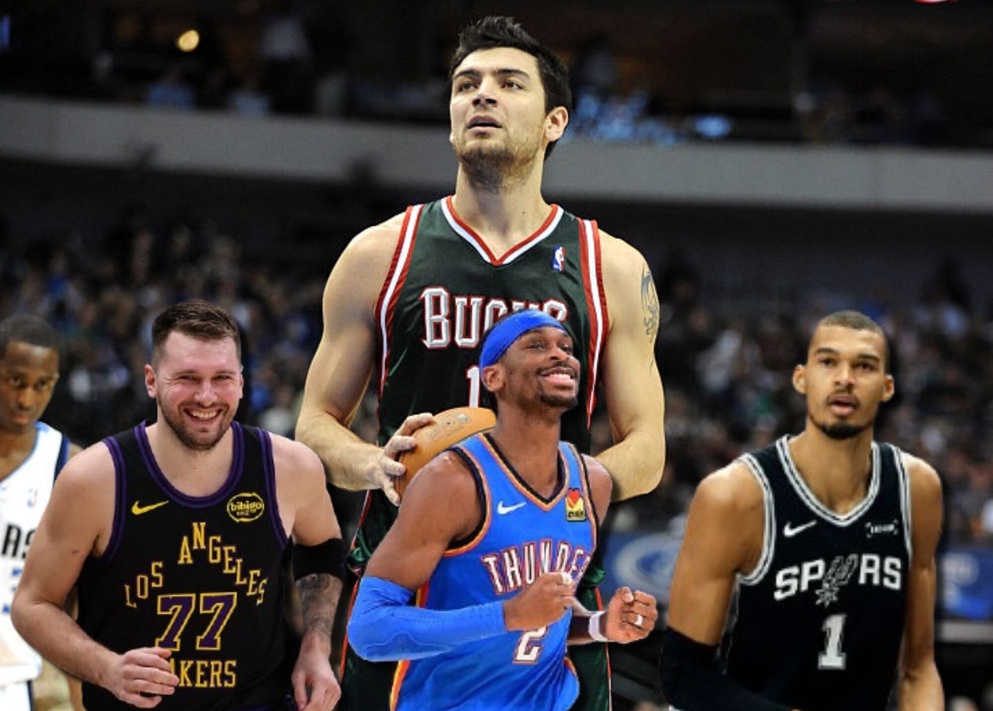 Al fondo, Carlos Delfino. Adelante: Luka Doncic, Shai Gilgeous-Alexander y Victor Wembayama. Fotos: Getty Images.