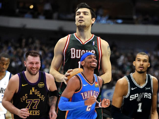 Al fondo, Carlos Delfino. Adelante: Luka Doncic, Shai Gilgeous-Alexander y Victor Wembayama. Fotos: Getty Images.
