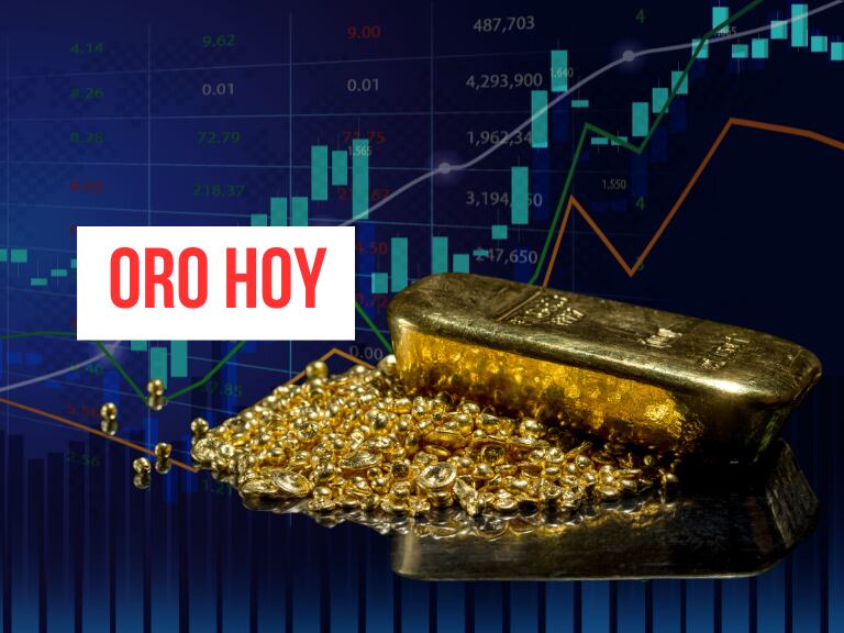 Barra de oro, junto con una montaña de cadenas del mismo mineral con fondo de gráfica (Getty Images)