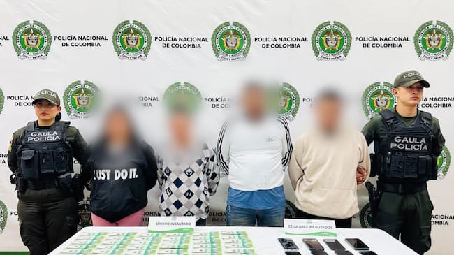 Capturan a 4 personas señaladas de extorsionar en Bogotá haciéndose pasar por la Segunda Marquetalia. Foto: suministrada.