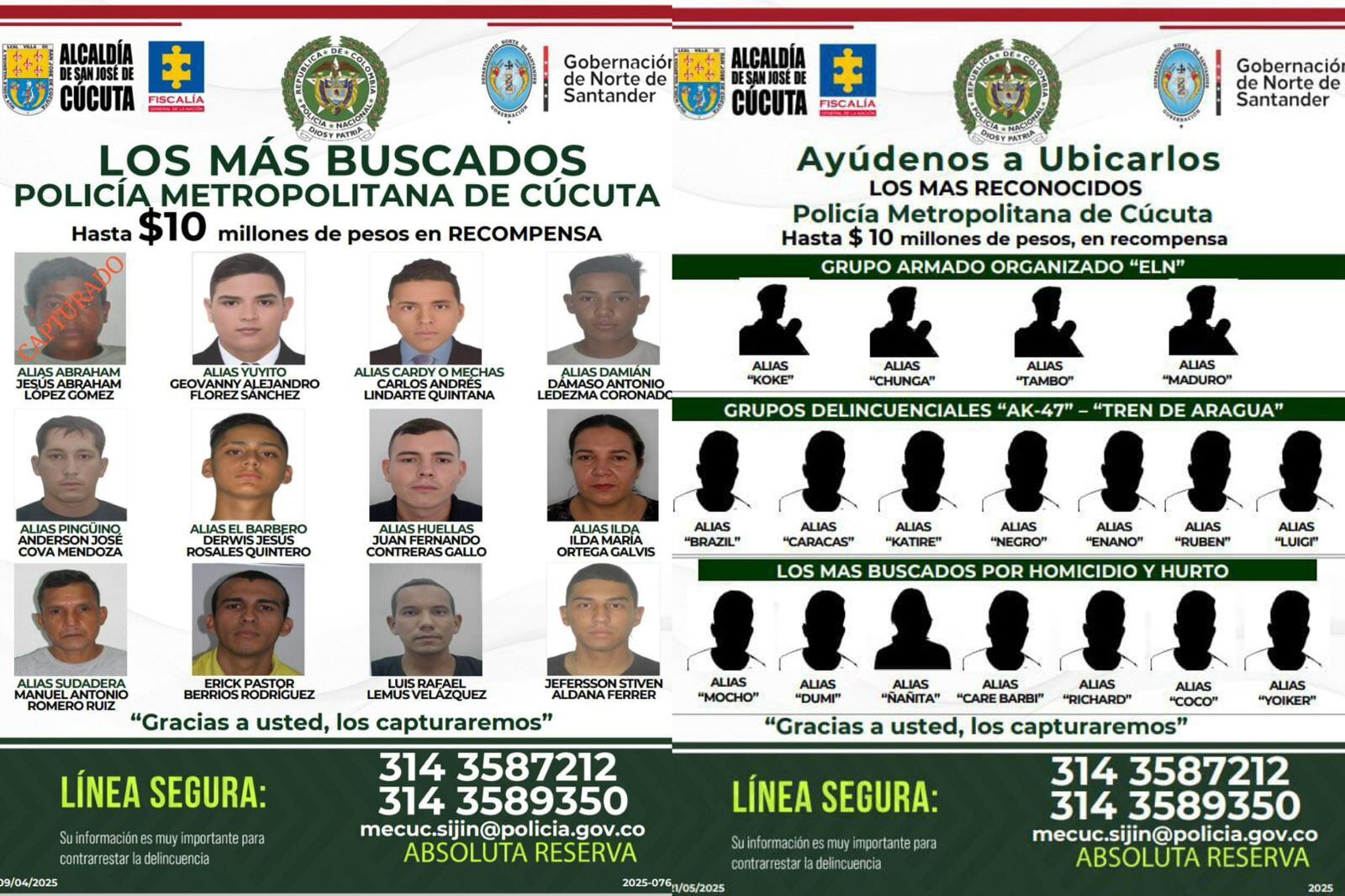 Cartel de los más buscados en el Área Metropolitana de Cúcuta.
