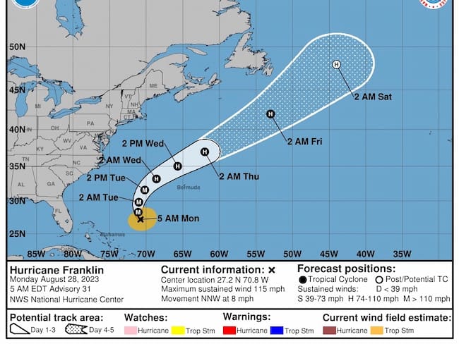 USA8629. MIAMI (FL, EEUU), 28/08/2023.- Fotografía cedida hoy por el Centro Nacional de Huracanes (NHC) de Estados Unidos donde se muestra el pronóstico de cinco días de la trayectoria del huracán Franklin en el Atlántico. El huracán Franklin, con vientos máximos sostenidos de 115 millas por hora (185 km/h), se convirtió este lunes en el primero con categoría mayor de la temporada ciclónica en el Atlántico, pero no presenta por ahora amenaza para tierra. EFE/NHC /SOLO USO EDITORIAL /NO VENTAS /SOLO DISPONIBLE PARA ILUSTRAR LA NOTICIA QUE ACOMPAÑA /CRÉDITO OBLIGATORIO