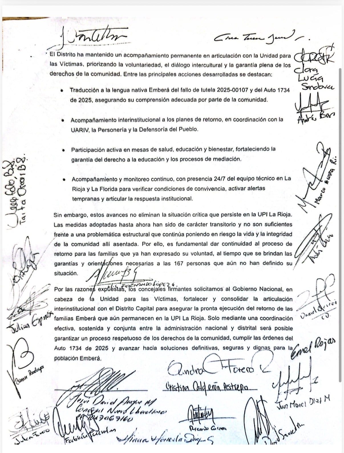 Carta firmada por los concejales pidiendo garantías para la comunidad emberá.