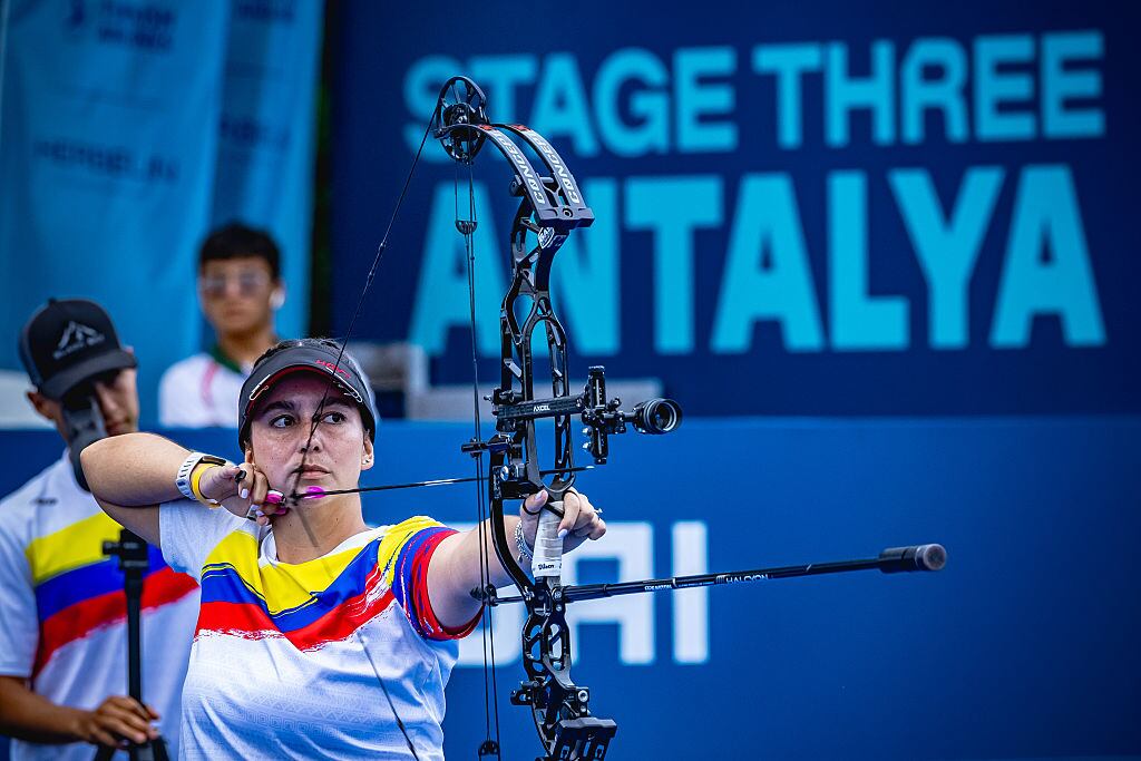 BELEK, TURKIYE - JUNE 13: (EDITOR'S NOTE: This Handout image was provided by a third-party organization and may not adhere to Getty Images' editorial policy.) In this handout image provided by the World Archery Federation, Sara Lopez of Colombia during the Women's compound finals during the Hyundai Archery World Cup 2026 Stage 3 on JUNE 13, 2026 in Belek, Turkiye (Photo by Dean Alberga/Handout/World Archery Federation via Getty Images )