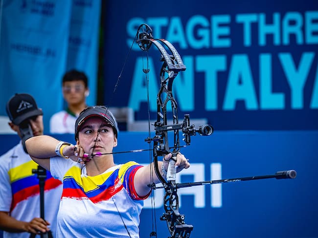 BELEK, TURKIYE - JUNE 13: (EDITOR'S NOTE: This Handout image was provided by a third-party organization and may not adhere to Getty Images' editorial policy.) In this handout image provided by the World Archery Federation, Sara Lopez of Colombia during the Women's compound finals during the Hyundai Archery World Cup 2026 Stage 3 on JUNE 13, 2026 in Belek, Turkiye (Photo by Dean Alberga/Handout/World Archery Federation via Getty Images )