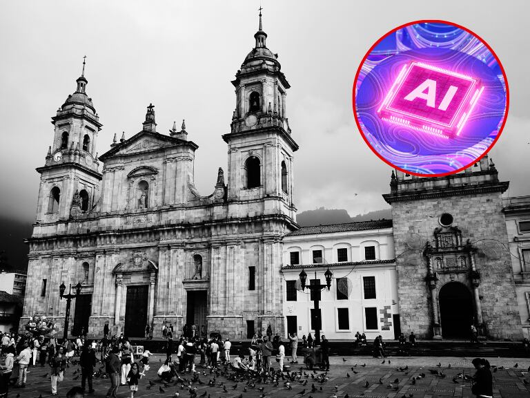 Catedral Primada de Colombia de fondo, y un logo de inteligencia artificial. (Foto: Getty Images)