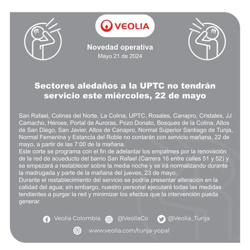 18 sectores de Tunja no tendrán agua el miércoles 22 de mayo