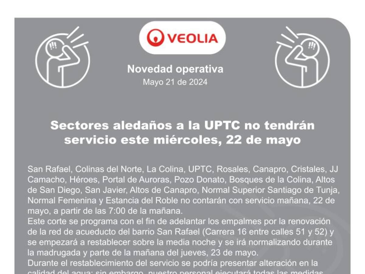 Interrupción del servicio de agua en sectores aledaños a la UPTC este miércoles 22 de mayo