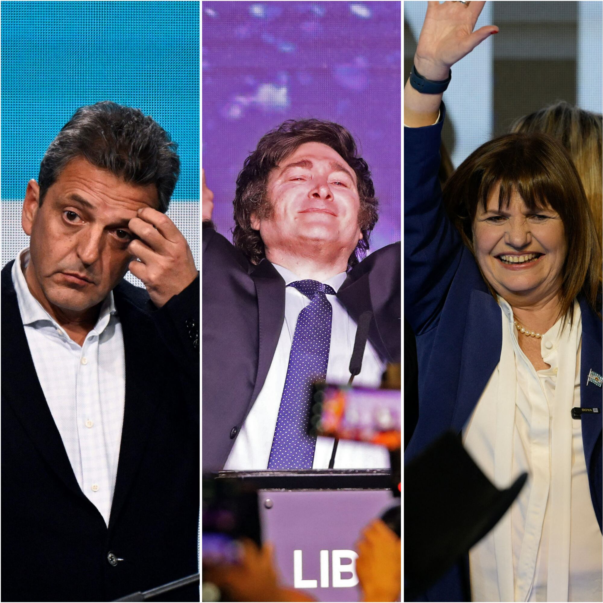 Los candidatos a las elecciones presidenciales de Argentina (izq a der): Sergio Massa (peronismo), Javier Milei (libertario) y Patricia Bullrich (centro-derecha).

(Foto: Getty / Caracol Radio)