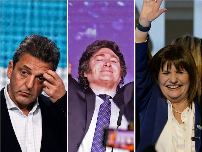 Los candidatos a las elecciones presidenciales de Argentina (izq a der): Sergio Massa (peronismo), Javier Milei (libertario) y Patricia Bullrich (centro-derecha).

(Foto: Getty / Caracol Radio)