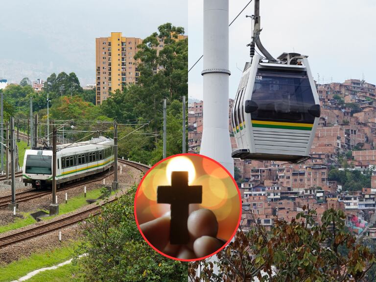 Vehículos del sistema de Transporte de Medellín y al lado una cruz sostenida en la mano (Fotos vía Getty Images)