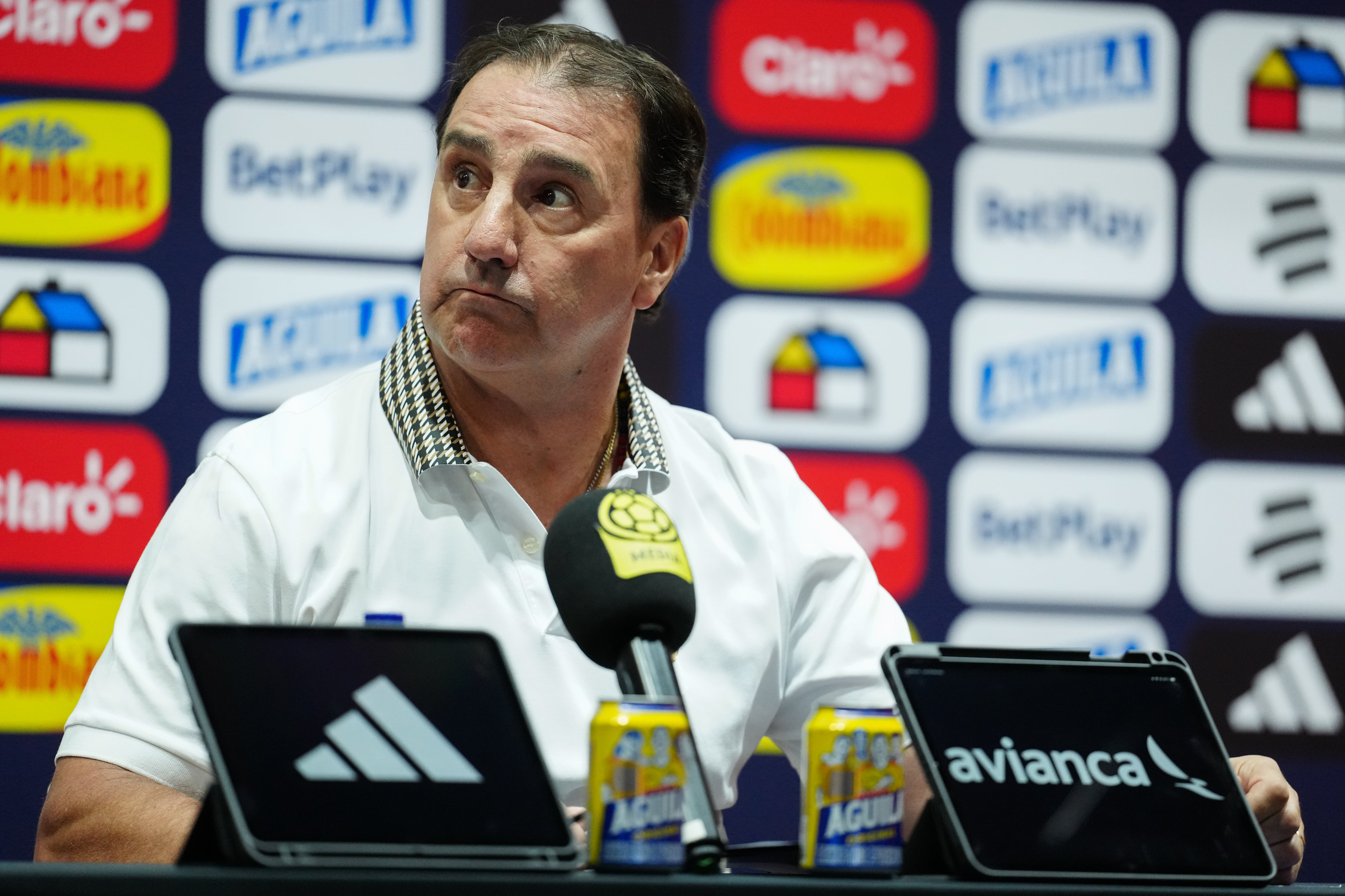 BOGOTA, COLOMBIA - MAY 25: N�stor Lorenzo, head coach of the Colombia national soccer team, attends a press conference to announce the players who will be part of the squad for the FIFA World Cup 2026 at the sports headquarters of the Federaci�n Colombiana de F�tbol on May 25, 2026 in Bogota, Colombia. (Photo by Andres Rot/Getty Images)