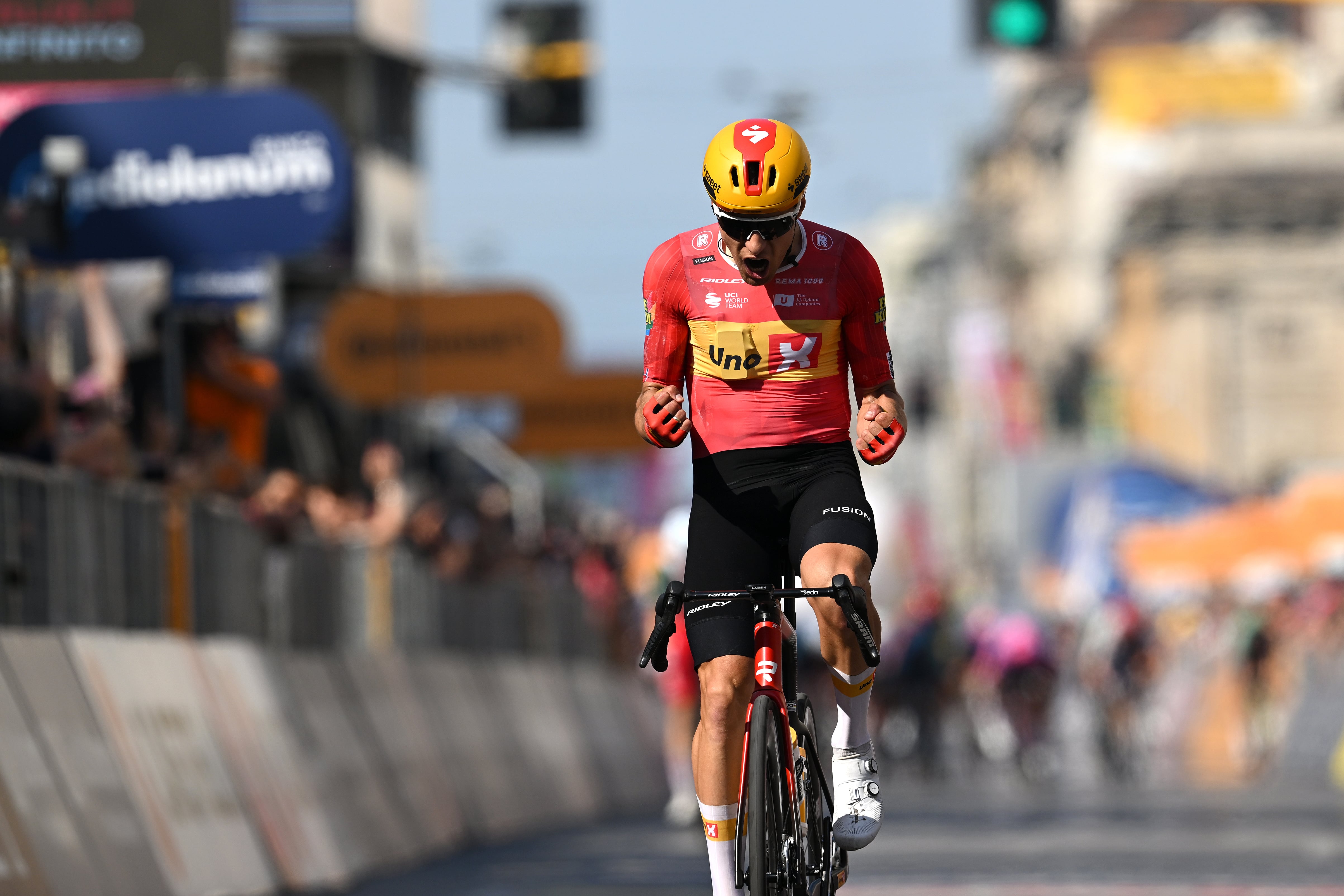 MILAN, ITALY - MAY 24: Fredrik Dversnes Lavik of Norway and Team Uno-X Mobility celebrates at finish line as stage winner during the 109th Giro d'Italia 2026, Stage 15 a 157km stage from Voghera to Milan / #UCIWT / on May 24, 2026 in Milan, Italy. (Photo by Tim de Waele/Getty Images)