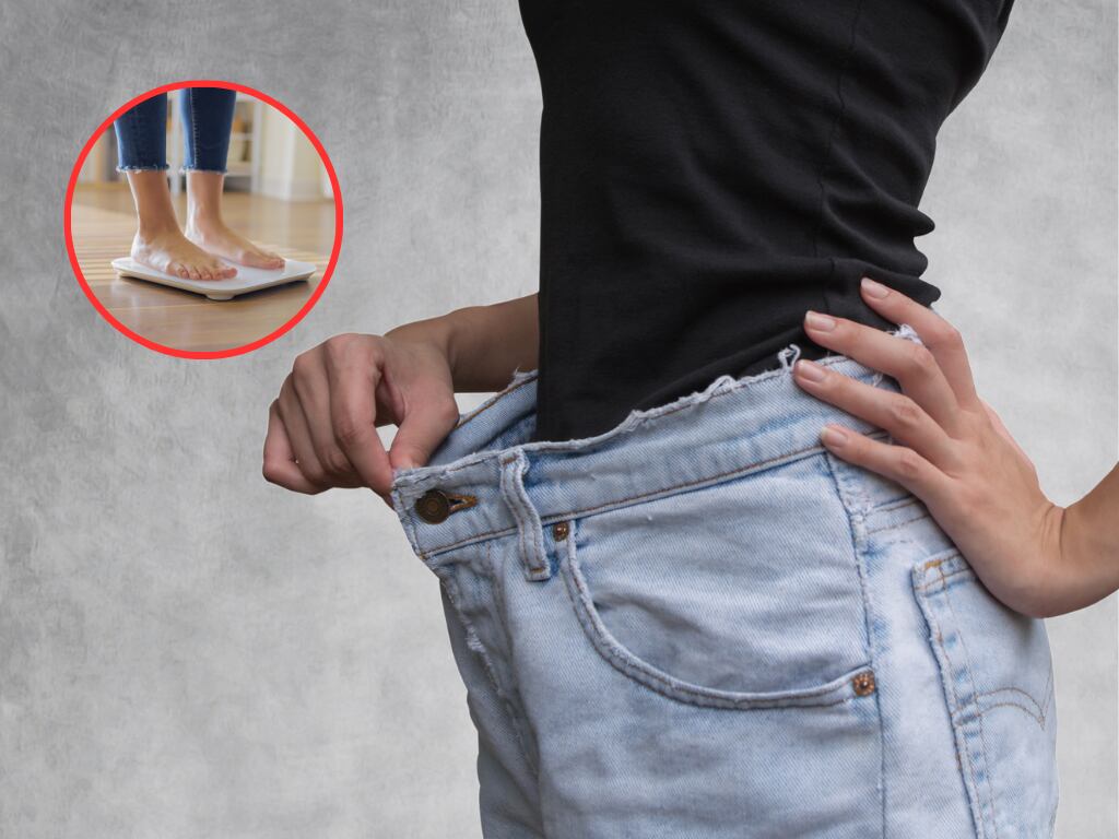 Mujer con un pantalón de una talla más grande y de fondo una persona midiendo su peso en una báscula (Fotos vía Getty Images)