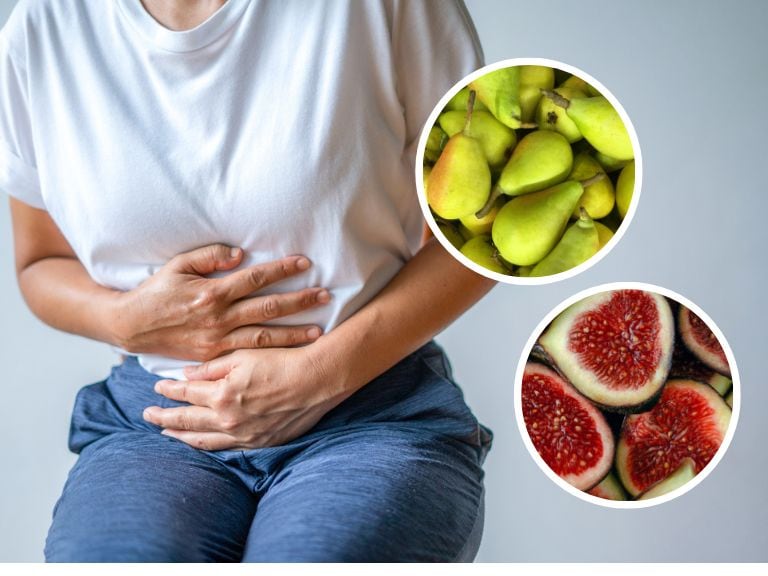 Imagen de referencia // mujer con dolor en el estómago // En el círculo peras ey higos // Getty Images //