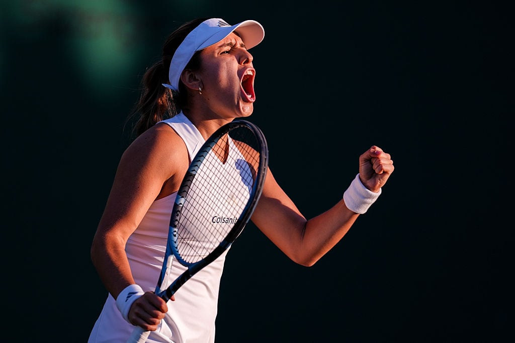 LONDON, ENGLAND - JULY 02: Camila Osorio of Colombia reacts in the Ladies Singles second round match against Linda Noskova of Czech Republic on day four of The Championships Wimbledon 2026 at All England Lawn Tennis and Croquet Club on July 02, 2026 in London, England. (Photo by Shi Tang/Getty Images)