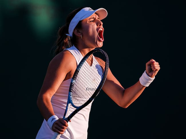 LONDON, ENGLAND - JULY 02: Camila Osorio of Colombia reacts in the Ladies Singles second round match against Linda Noskova of Czech Republic on day four of The Championships Wimbledon 2026 at All England Lawn Tennis and Croquet Club on July 02, 2026 in London, England. (Photo by Shi Tang/Getty Images)