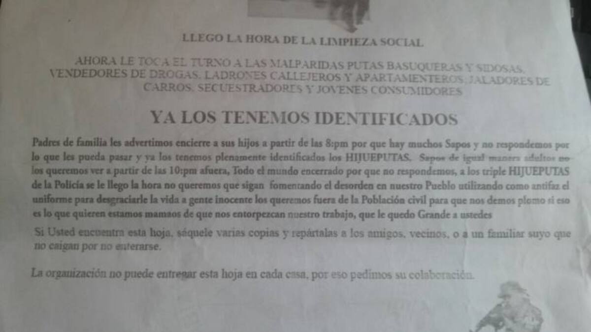 Nuevos panfletos anuncian supuesta limpieza social en Puerto Boyacá, contra trabajadoras sexuales
