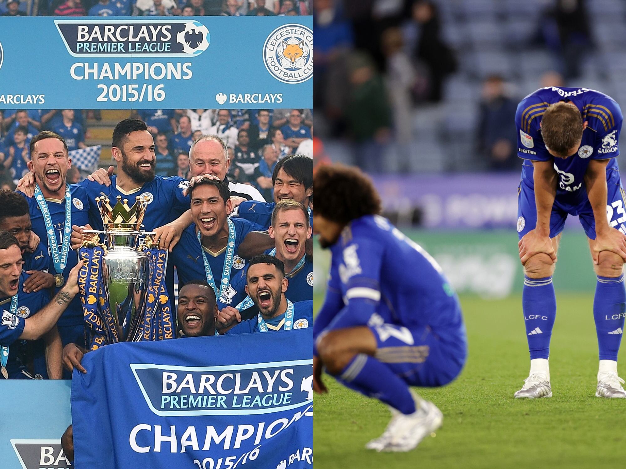Leicester City celebrando la Premier League. Leicester City tras su descenso a la League One de Inglaterra (tercera división). Fotos: Getty Imagtes.