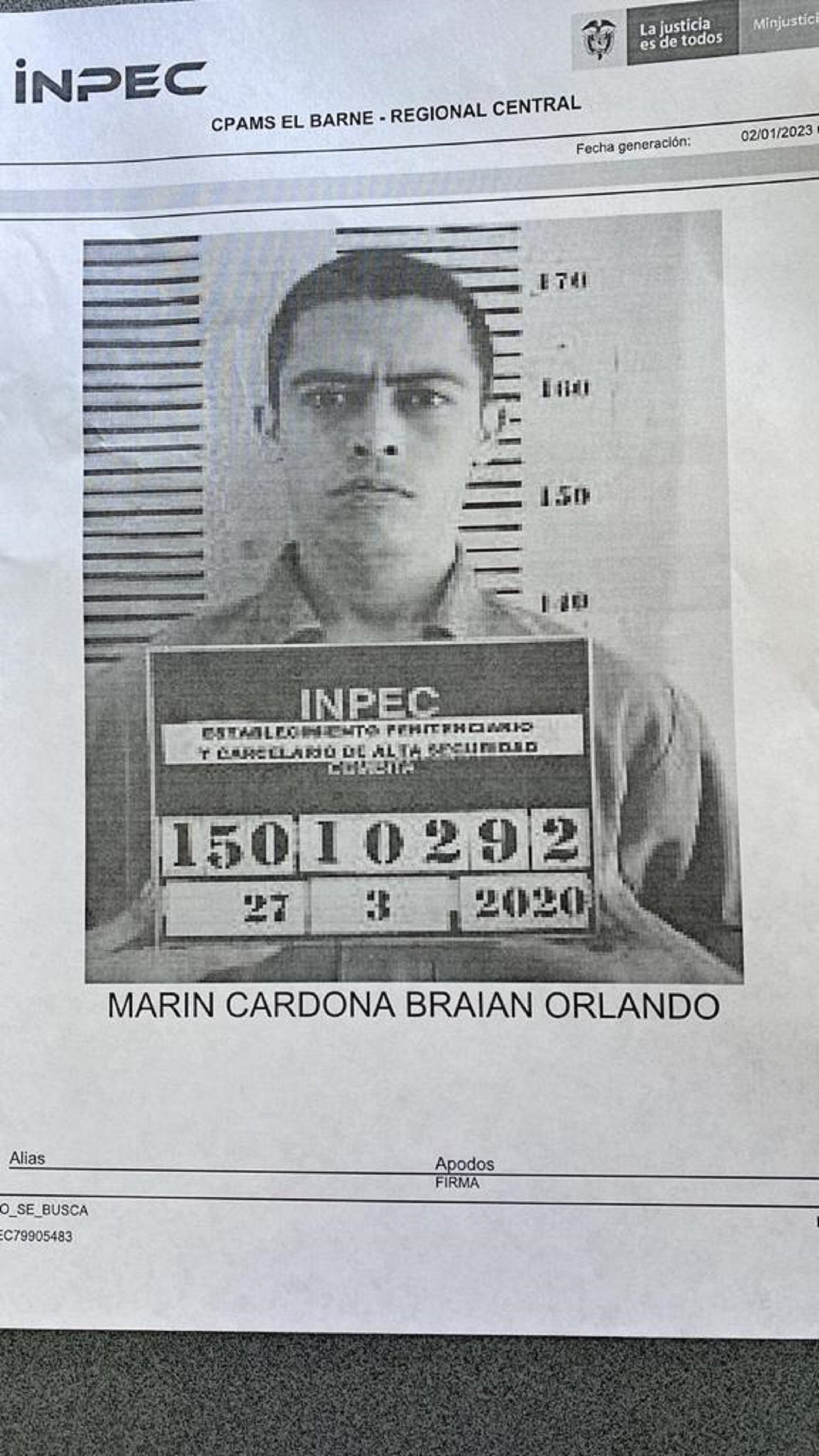 Braian Orlando Marín, alias 'La Firma'. Se fugó de la cárcel de máxima seguridad de Cómbita, Boyacá