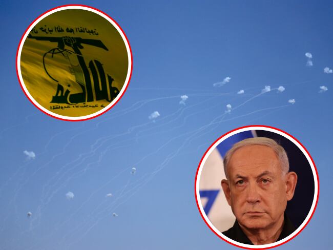 Intercepción de misiles lanzados por Hamás en el espacio aéreo israelí. En el círculo superior izquierdo, la bandera de Hamás y, en el círculo inferior derecho, el primer ministro israelí, Benjamín Netanyahu. 
(Foto: EFE / Getty / Caracol Radio )