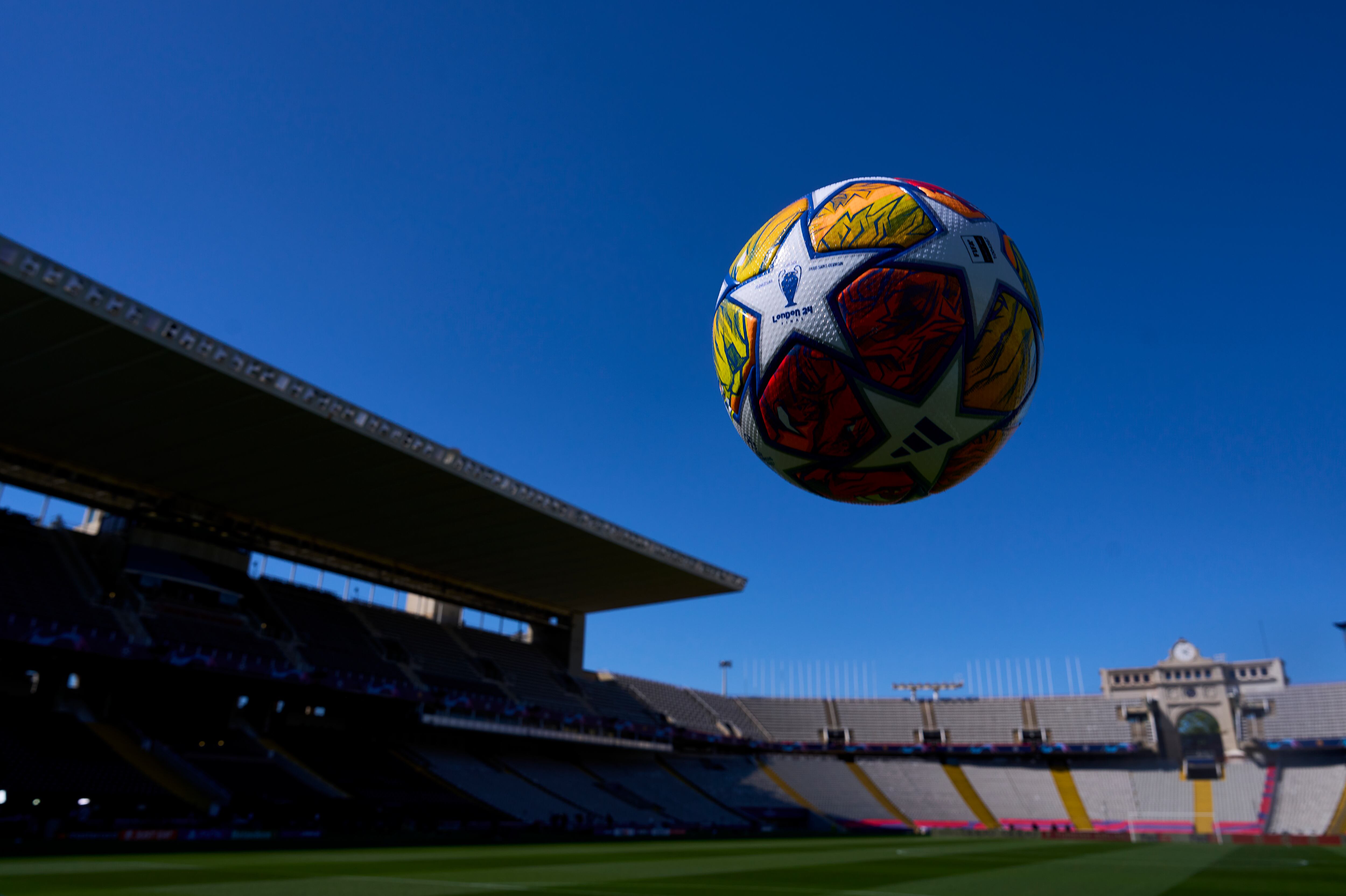 BARCELONA, SPAIN - APRIL 16: Detail picture of the adidas official UEFA Champions League match ball prior to the UEFA Champions League quarter-final second leg match between FC Barcelona and Paris Saint-Germain at Estadi Olimpic Lluis Companys on April 16, 2024 in Barcelona, Spain. (Photo by Aitor Alcalde - UEFA/UEFA via Getty Images)