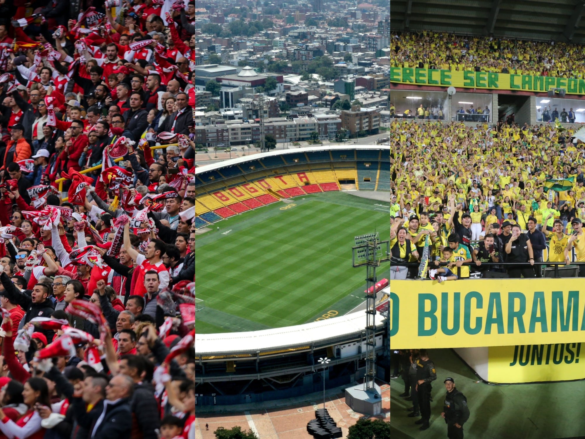 Hinchadas de Santa Fe y Bucaramanga, y el estadio Nemesio Camacho El Campín. Fotos: Colprensa y Getty Images.