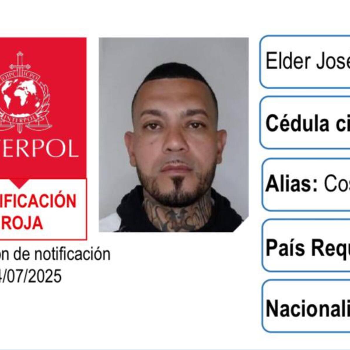 Interpol emite Notificación Roja contra alias El Costeño, coordinador del atentado a Miguel Uribe