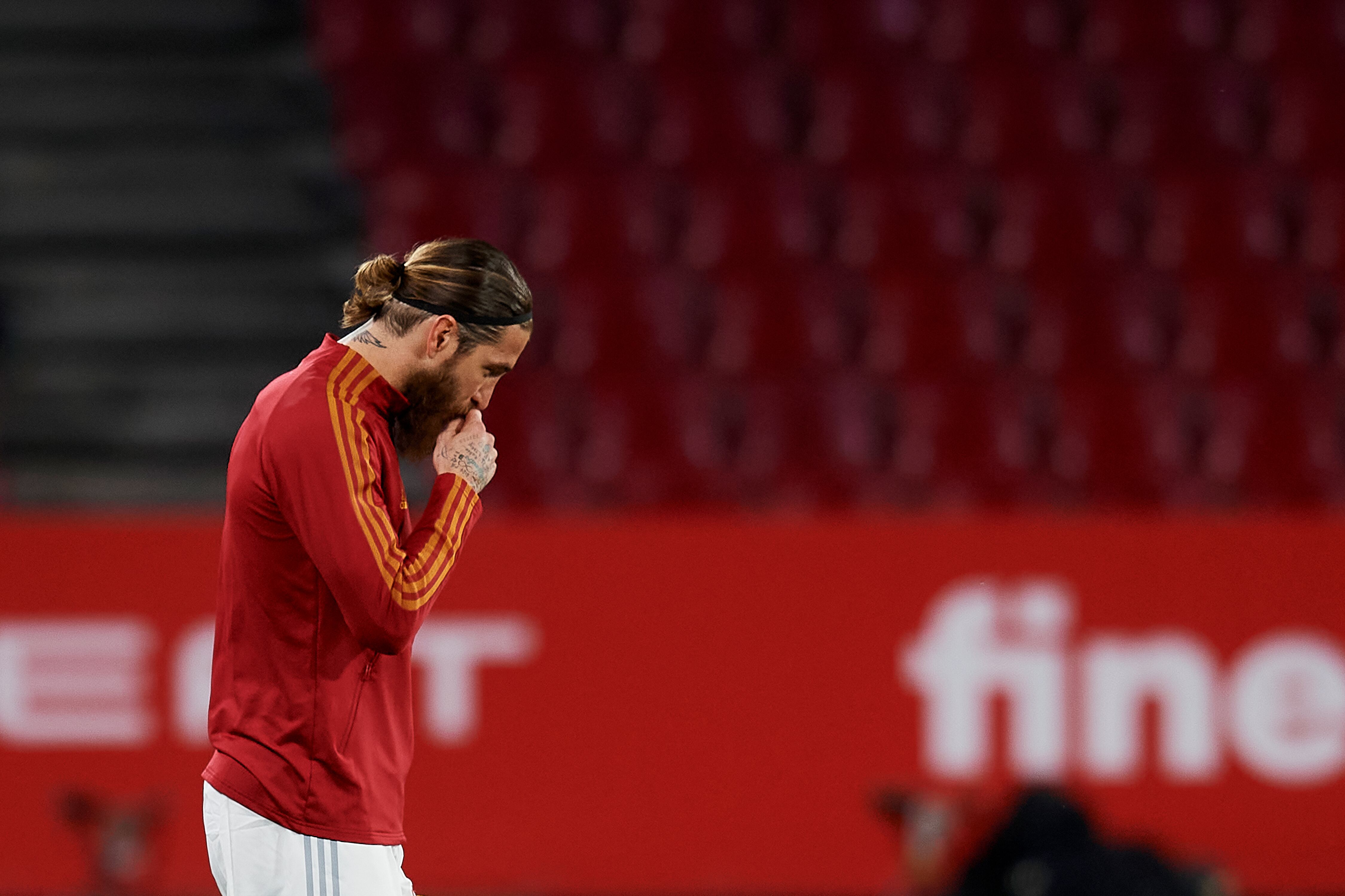 Sergio Ramos (Real Madrid) of Spain praying prior to the FIFA World Cup 2022 Qatar qualifying match between Spain and Greece at Estadio Nuevo Los Carmenes on March 25, 2021 in Granada, Spain. (Photo by Jose Breton/Pics Action/NurPhoto via Getty Images)