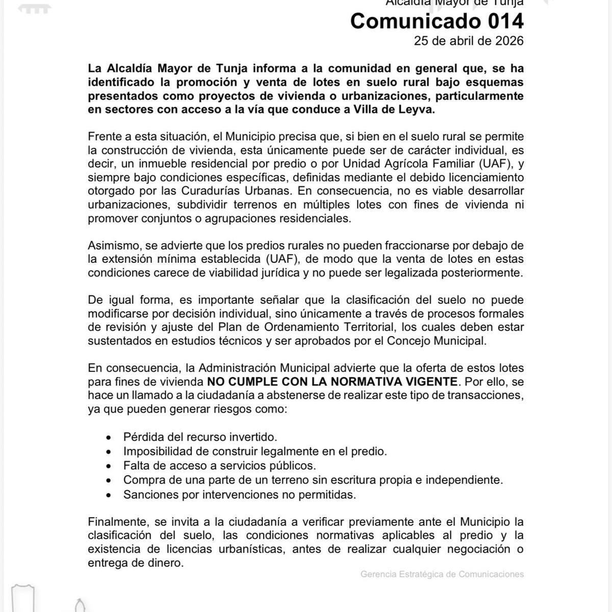 Venta de lotes ilegales en Tunja: ofertas engañosas dejan a compradores en riesgo jurídico
