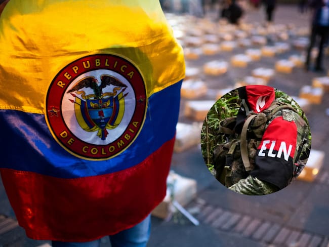 Persona con una bandera de Colombia y hombre del ELN (Getty Images)