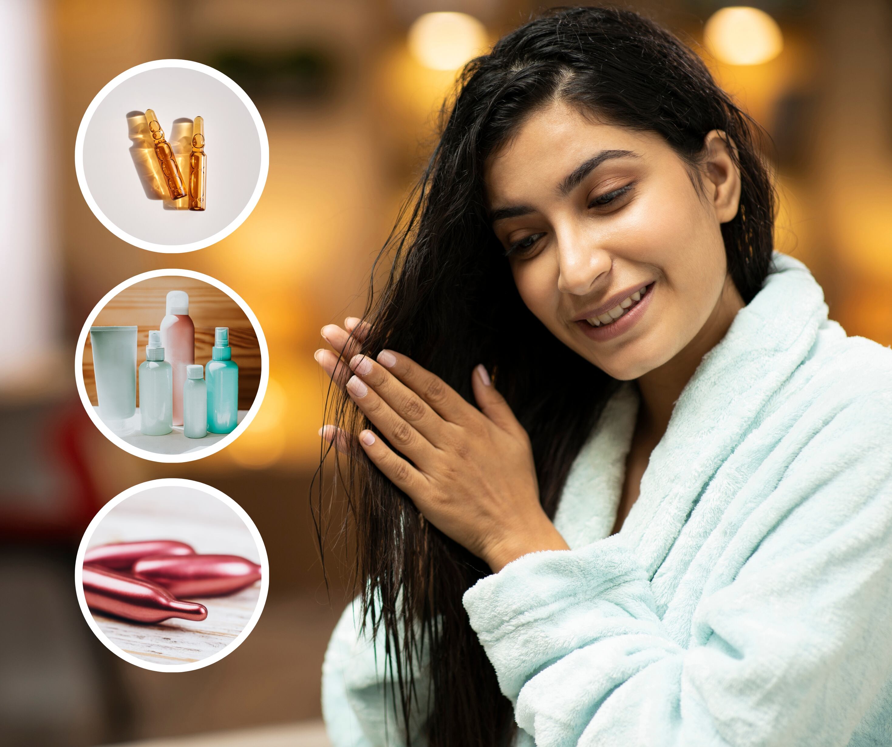 Mujer aplicando productos en su cabello e imágenes de champú y capsulas de vitamina E (Fotos vía Getty Images)