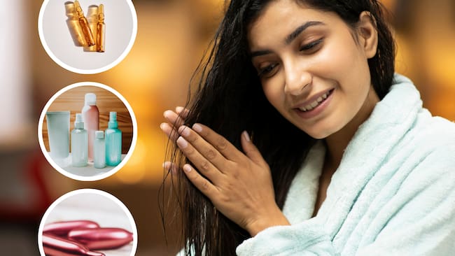 Mujer aplicando productos en su cabello e imágenes de champú y capsulas de vitamina E (Fotos vía Getty Images)