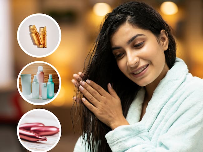 Mujer aplicando productos en su cabello e imágenes de champú y capsulas de vitamina E (Fotos vía Getty Images)